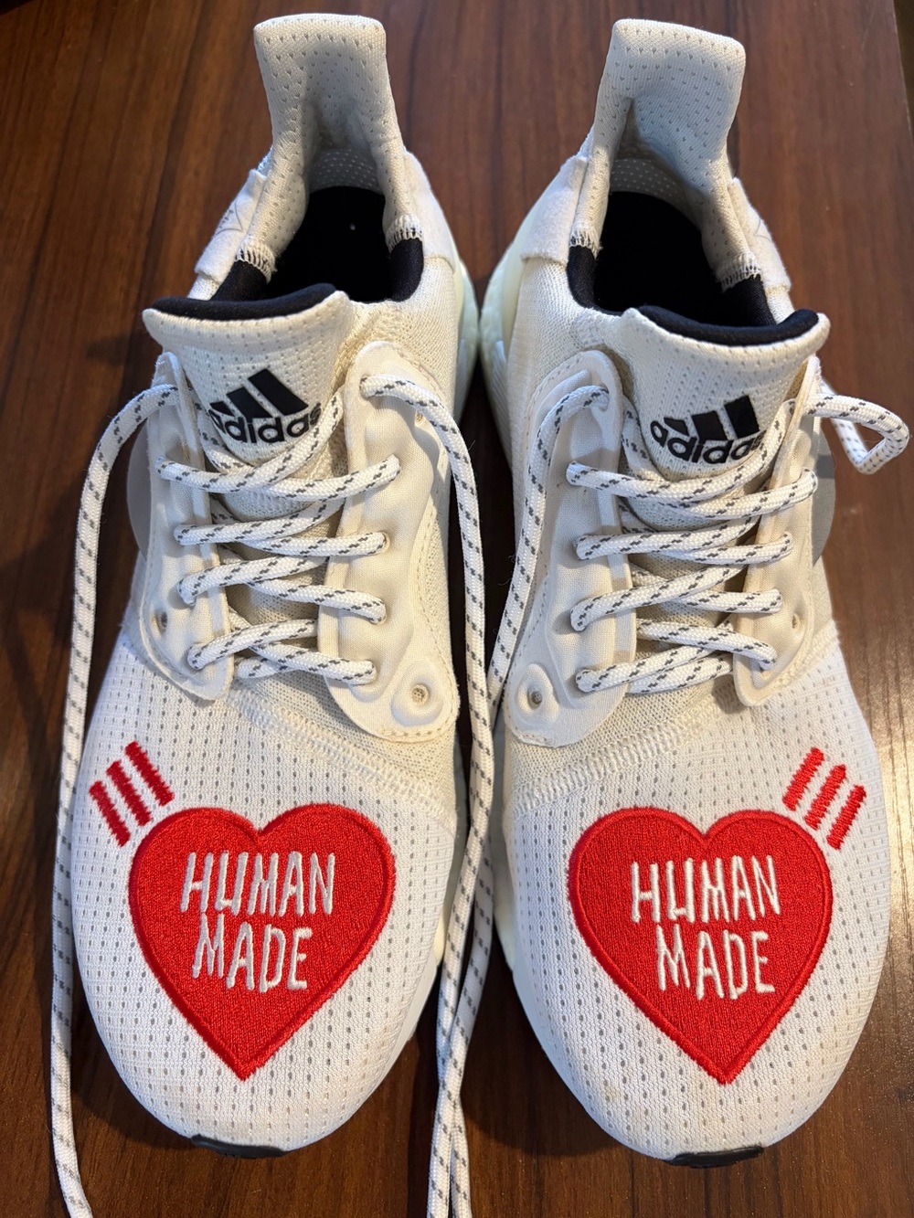 Adidas Solar HU x “Human Made” Love sneakers. White w/ Red “Human Made” Heart.